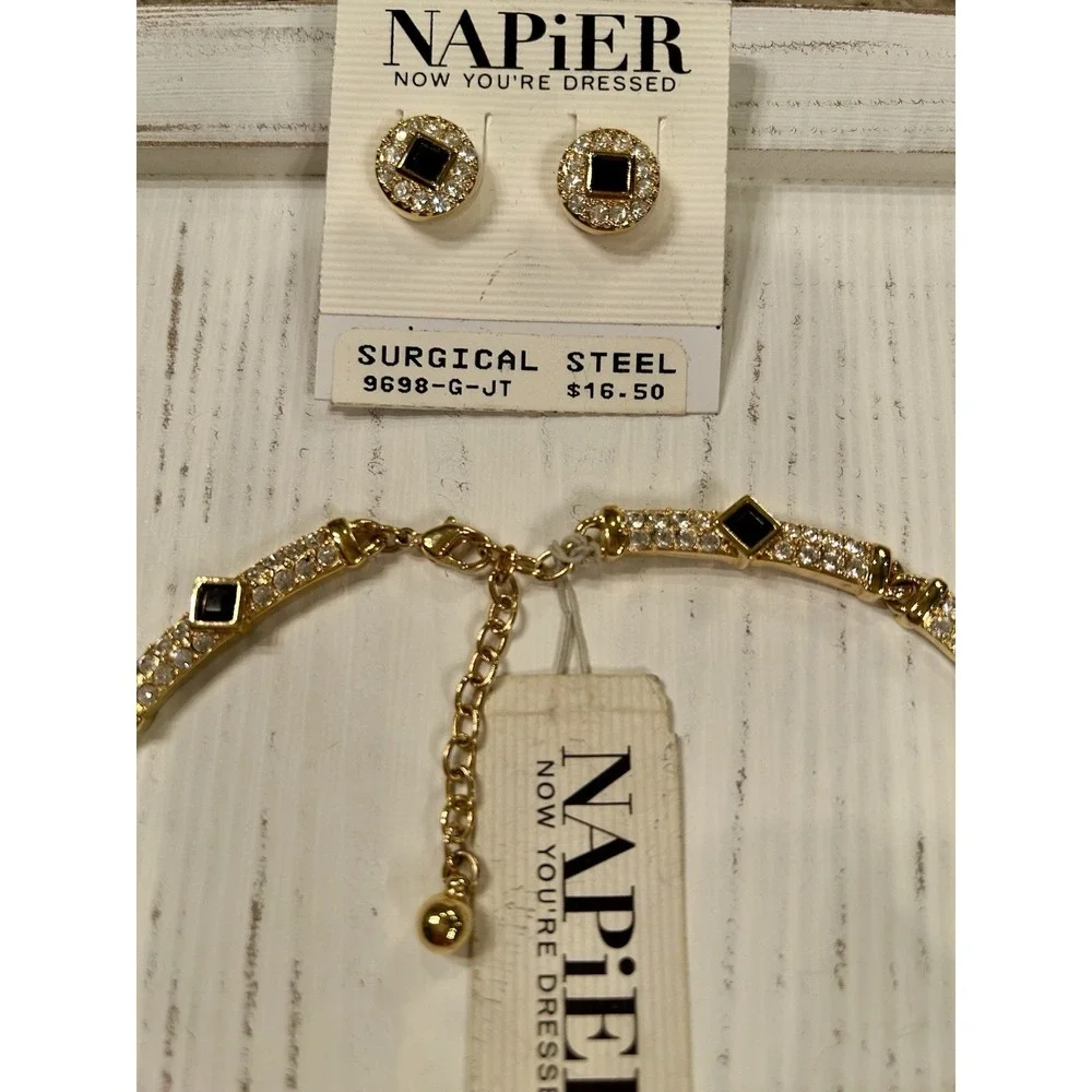 Vintage RUNWAY NAPIER 1990 NOS Black Clear Crystal Necklace & Earrings Orig Tags